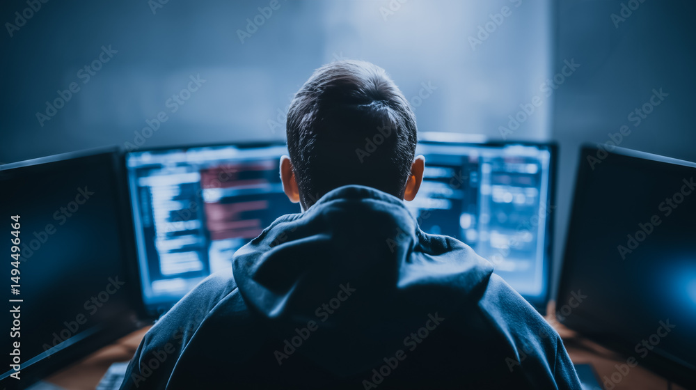 Poster cybersecurity specialist at work: a hooded figure sits intently before multiple computer screens, th