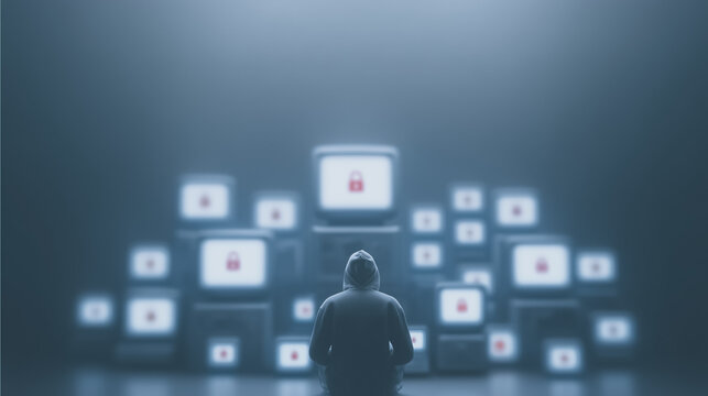 Cyber Security Surveillance: a mysterious silhouette of a person gazing upon a collection of screens displaying locked icons, bathed in an eerie, ambient light.