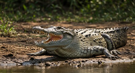 Obraz premium Spectacular Specie: A Majestic Crocodile by the Riverbank