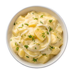 Potato salad with cream on white bowl top view isolated on white background