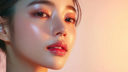 Plastic surgeon touching and examining facial skin of a Asian female,Woman face being checked doctor hands to cosmetic surgery,rhinoplasty surgery in clinic, generative ai,3d render.