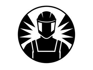 Minimalist Black and White Geometric Icon of a Man Wearing a Hard Hat, Representing Construction, Safety, and Industrial Work in Simple Silhouette Style