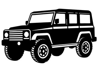 Detailed Black and White Monochrome Illustration of a Vintage Classic SUV 4x4 Off-Road Vehicle, Showcasing Rugged Design and Timeless Style in High Contrast