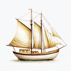 Obraz premium Classic Sailboat Illustration Beige Sails Wooden Hull White Background