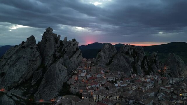 Twilight View of Castelmezzano and the Dolomiti Lucane Peaks, Basilicata, Italy


