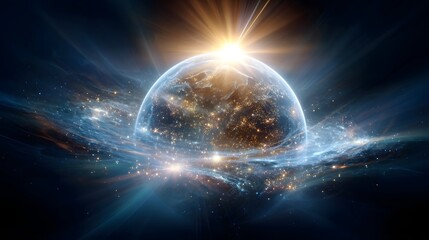 A dazzling planet radiating bright light against a dark cosmic background of space