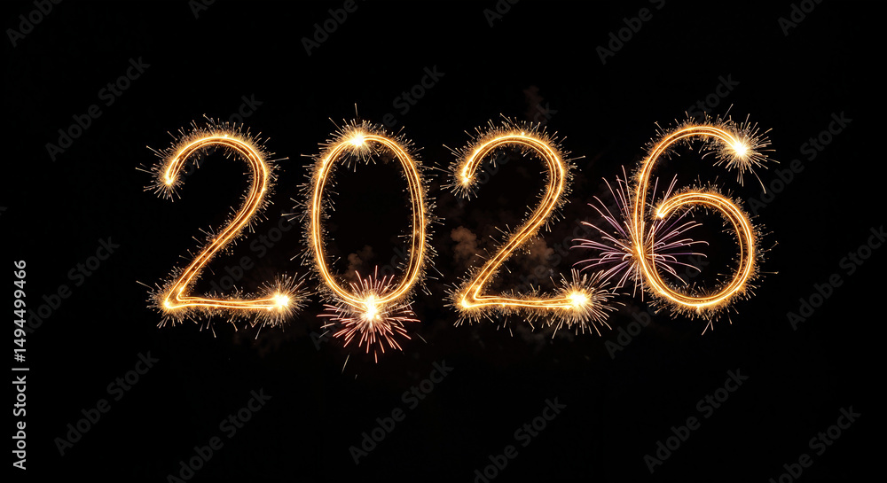 Poster new year numbers 2026 on a dark background with fireworks . generative ai