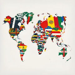 Simple world map graphic with flags in many colors representing international unity.