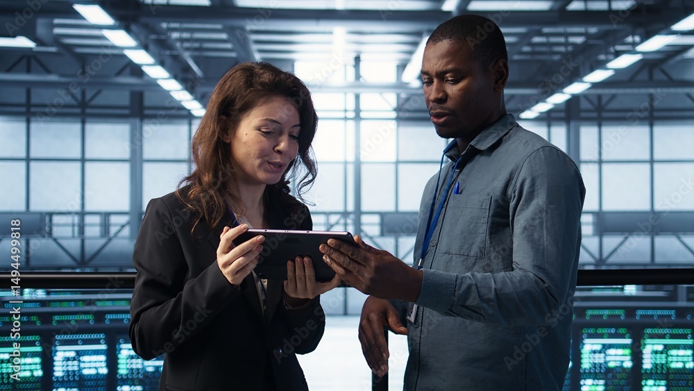 Poster computer scientists in data center using tablet to develop disaster recovery plans. it professionals