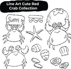 Line Art Cute Red Crab Collection
