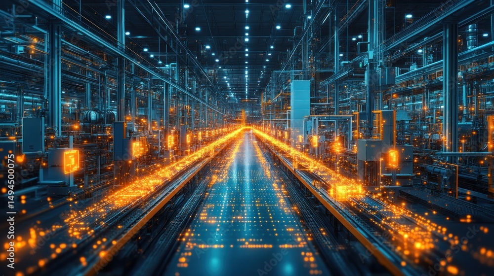 Aufkleber futuristic factory: automated production line with digital data flow