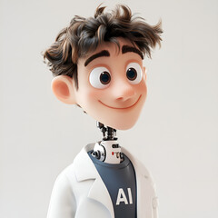  Cheerful cartoon boy in playful mood representing artificial intelligence against a light gray background.
