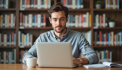 Focused male student researching on laptop in library, academic preparation