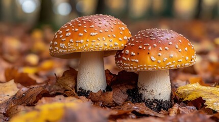 Two vibrant toadstools in autumn forest floor