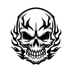 Skull on Fire Black Tribal Style, Isolated, Monochrome, Decorative, Head, Symbol