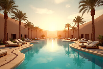 A long swimming pool at a desert resort representing luxury and tranquility during sunset