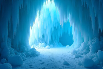 A photograph of an ice cave interior representing natural beauty and mystery