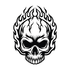 Skull with Fire Flames Outlines Illustration, Black and White Tribal Tattoo Style Art
