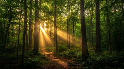 Fototapeta premium Sunbeams Forest Path Sunrise.