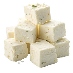 Feta chees cubes pile isolated on white background