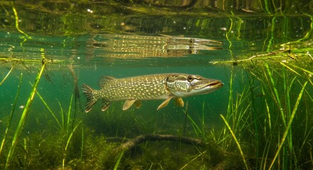 Northern Pike Underwater in Aquatic Vegetation