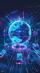 Futuristic digital illustration of global network in blue and pink representing connectivity and technology.
