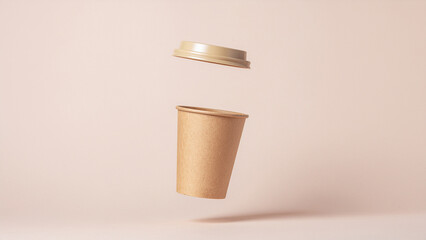 Reusable Coffee Cup with Lid Floating Above Pastel Background — Minimalist Eco-Friendly Design, Clean Light, Sustainable Drinkware Concept