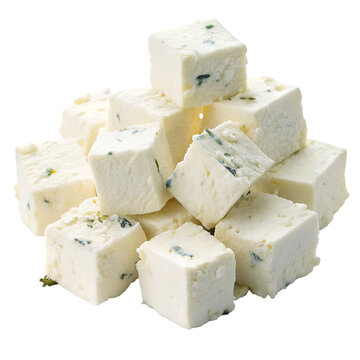 Feta chees cubes pile isolated on white background
