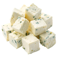 Feta chees cubes pile isolated on white background