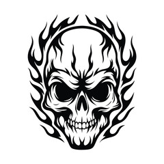 Skull Black and White with Fire Flames Silhouette Horror Death Danger Design