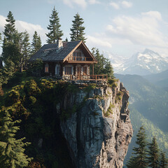 Digitally rendered cozy log cabin on cliff overlooking snowy mountains representing nature escape.