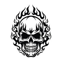 Skull with Fire Flames Detailed Black & White for Tattoos, Prints & Designs