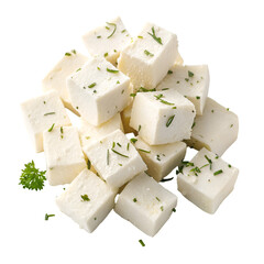Feta chees cubes pile isolated on white background