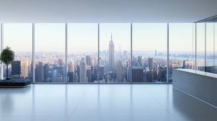 Modern city views from an empty high-rise interior.