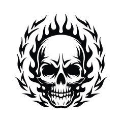 Monochrome Skull Surrounded by Flames, Abstract Tattoo Design, Black and White Art
