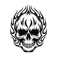 Skull with Flames, Black Silhouette, Danger Sign, Dead Symbol, Creepy, Isolated on White