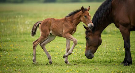 Fototapeta premium A New Life in the Meadow: A Brown Foal and Its Mother