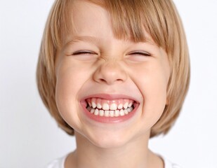 Close-up portrait of a smiling child on white background