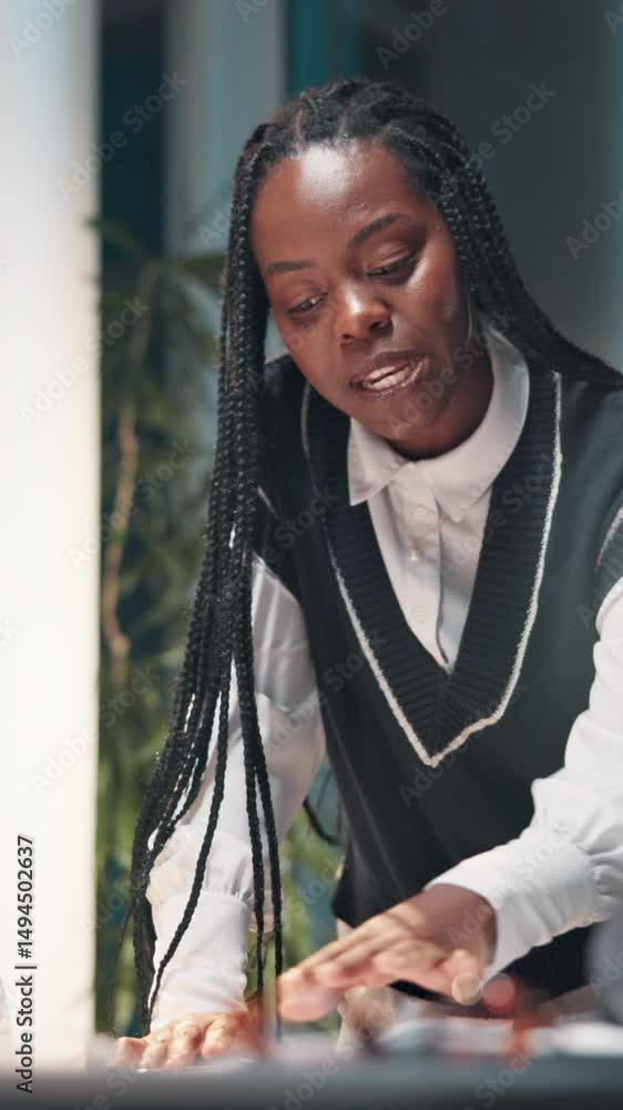 Poster black woman, meeting and discussion with folder for proposal at night, design project management and
