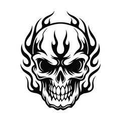 Black and White Skull with Fire Flames Isolated on White Detailed Design