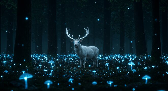 Enchanted Forest: A Majestic White Stag Amidst Glowing Fungi