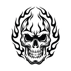 Skull Surrounded with Flames, Monochrome Style of a Skull Tattoo Design