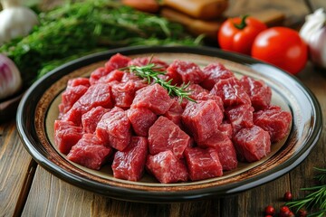 Raw diced beef on plate, surrounded by tomatoes and herbs. Great for illustrating recipes or healthy eating concepts.