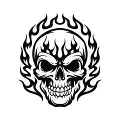 Monochrome Skull with Tribal Fire. Ornate Detailed Burning Skull Art