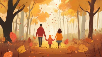 illustration of a family,Happiness and love embrace a family walking through an autumn park at sunset, their silhouettes against the vibrant sky