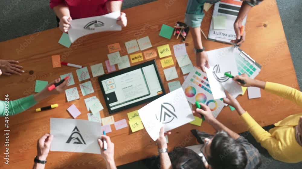 Poster top down aerial view of skilled designer hold logo while discuss with team. aerial business group wo