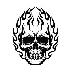 Flaming Skull Illustration, Black and White Skull with Fire, Biker Style Icon