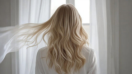 Beautiful model girl with Blonde hair strand,silky healthy chestnut wavy hair strand,hair wavy ribbon, with smooth,Keratin straightening,Treatment,straight long hair,procedures,Smooth hairstyle.