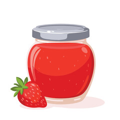 Vibrant strawberry jam jar with fresh strawberry, simple illustration