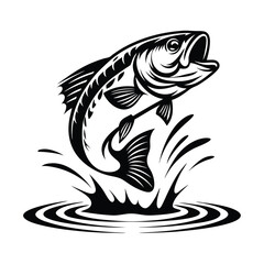 Leaping Bass Fish Silhouette Monochrome Largemouth Jumping from Water Logo